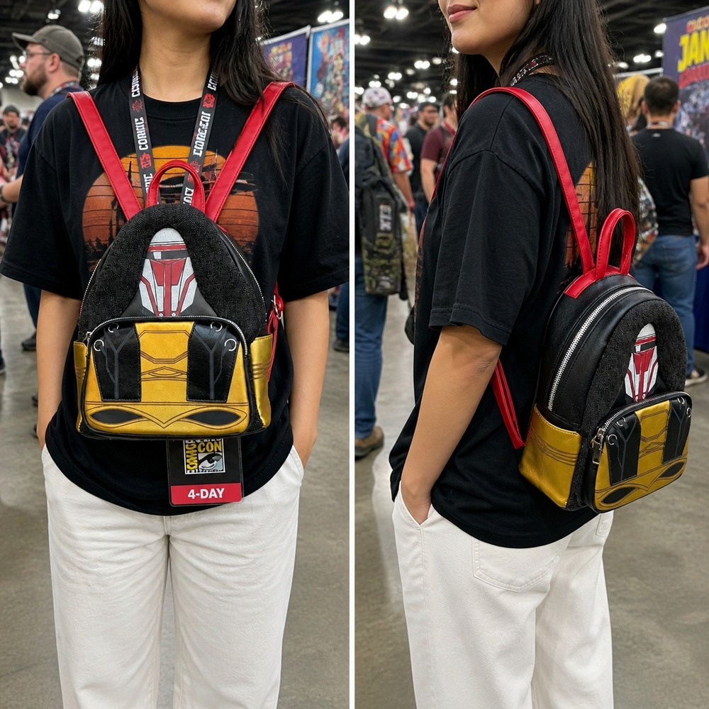 Loungefly Star Wars Mandalorian Paz Vizsla Mini Backpack Gold Black Red Cosplay